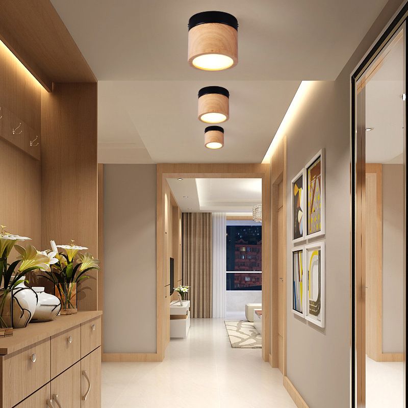 Mini LED Foyer Flush Ceiling Lamp Nordic Style Black and Beige Ceiling Lamp with Cylinder Wood Shade