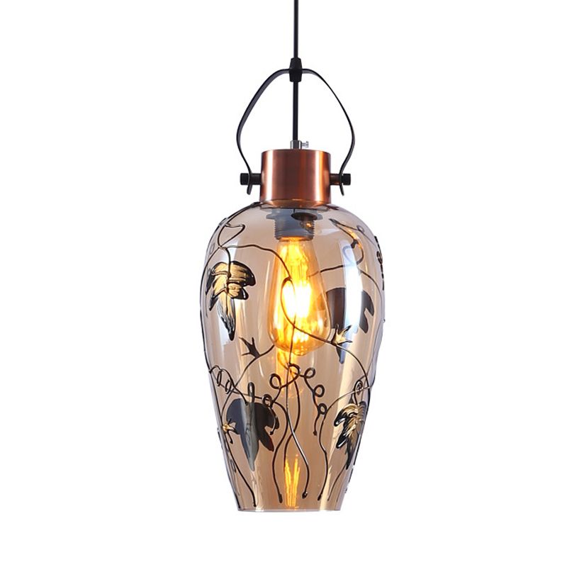 1 Bulb Pot Ceiling Lamp Traditional Copper Glass Hanging Lamp Kit with Maple Leaf Pattern