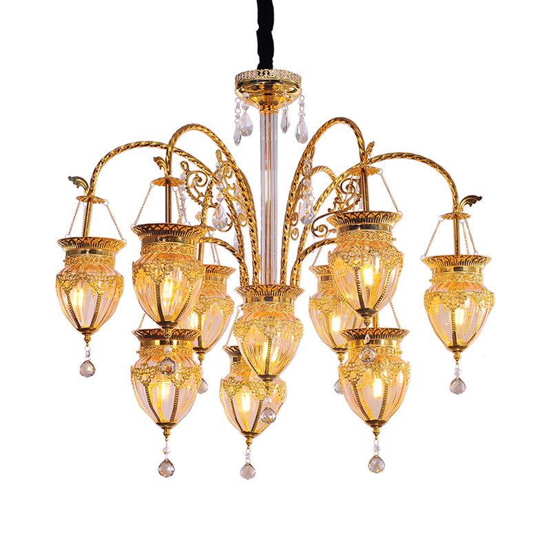 Gold Urn Ceiling Chandelier Art Deco Tan Prismatic Glass 10 Heads Living Room Suspension Pendant with Crystal Accent