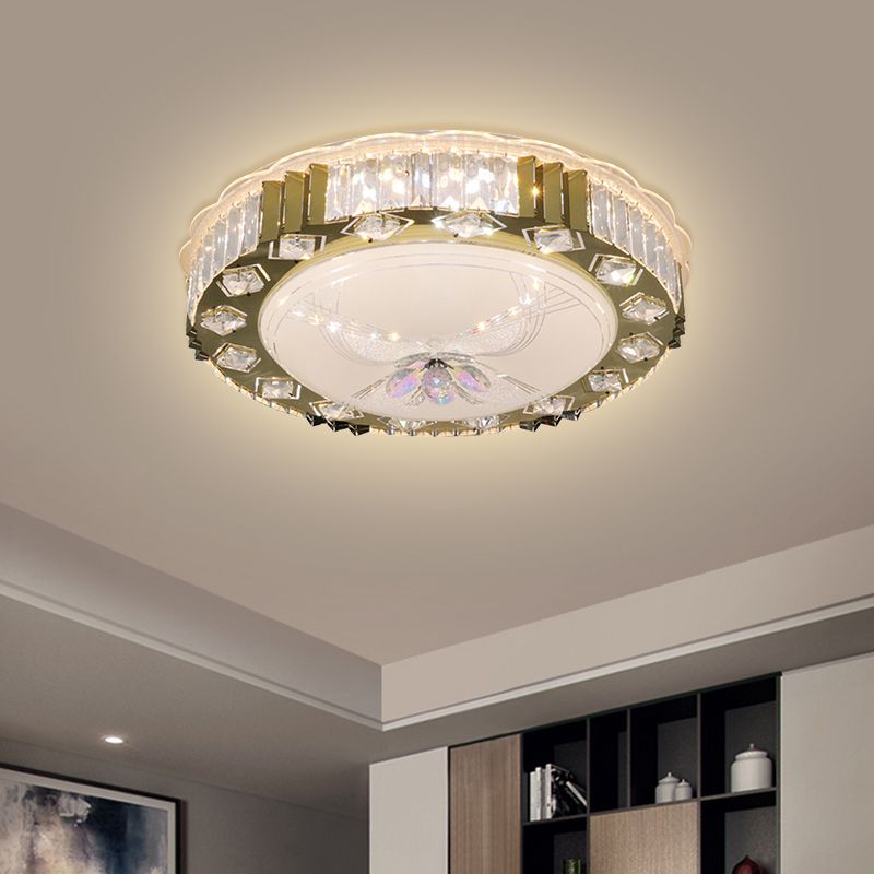 LED Circular Ceiling Fixture Modern Stainless-Steel Finish Clear Cut Crystal Blocks Flush Mount in Warm/Multi Color Light