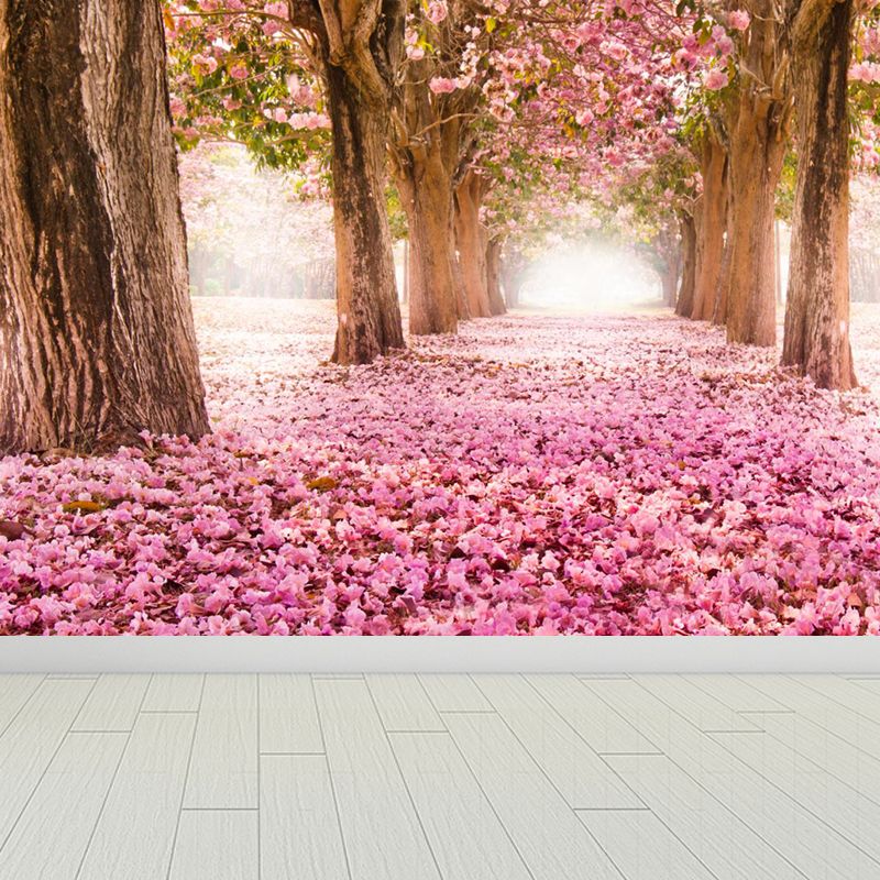 Pink Flower Landscape Mural Wallpaper Stain Resistant Modern Dining Room Wall Covering