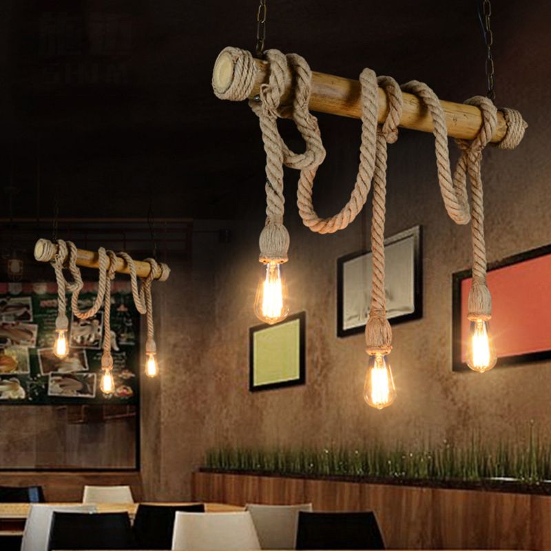 Bamboo 3 / 6 - Light Island Light Industrial Ceiling Pendant with Hemp Rope