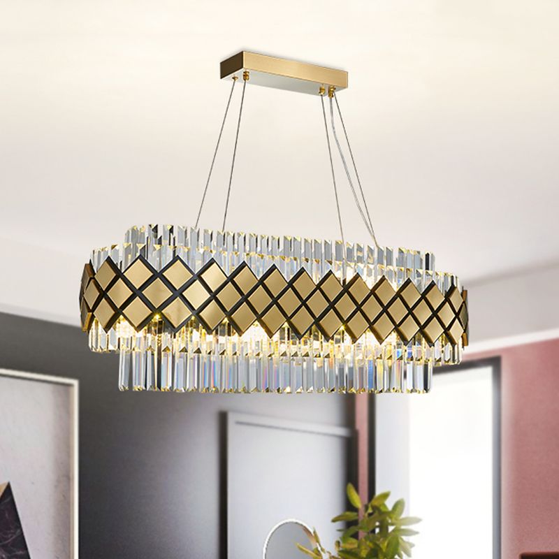Crystal Block Oval Island Light Contemporary 16 Light La illuminazione a sospensione in oro con cornice reticolare