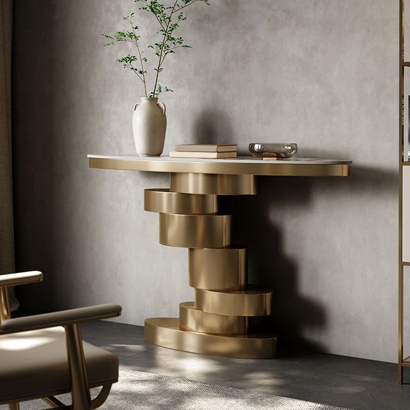 Glam Oval Console Table Golden Stone Console Sofa Table for Hall