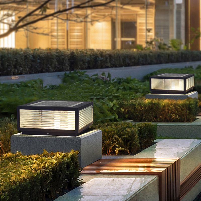 Rectangular Shape Metal Solar Pillar Lamp Modern 1 Light Outdoor Lights in Black
