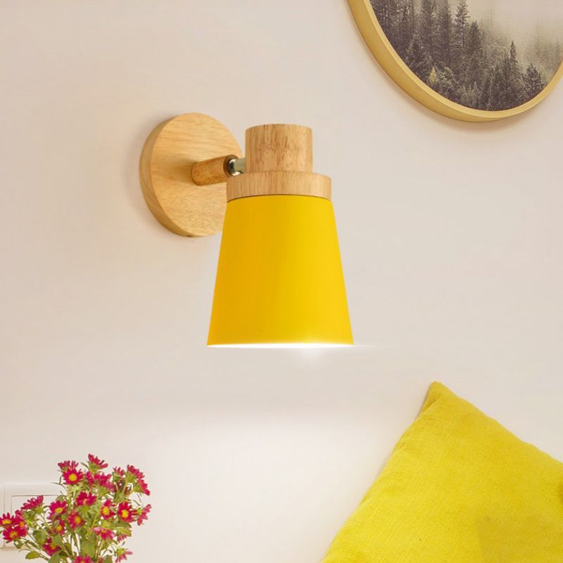 Barrel Wall Lamp Sconce Minimalist Metal 1-Head Living Room Wall Light Fixture with Wood Backplate