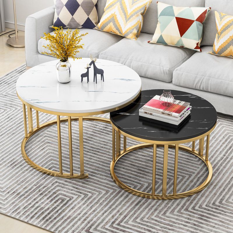 17.7"/14.9" Tall Modern Steel Frame Black/White Round Wood Top Coffee Table