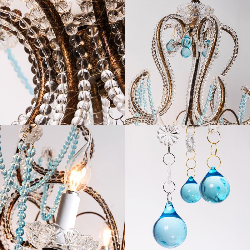 6 Lights Curve Arm Chandelier Light Vintage Rust Metal Hanging Light Kit with Crystal Strand