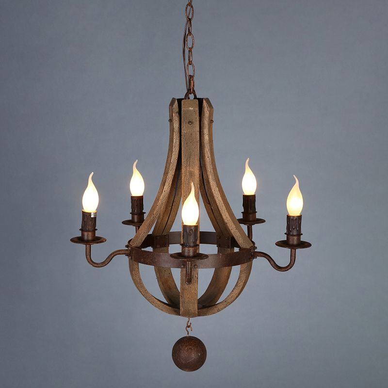 Massivholz Traditioneller Kronleuchter Rost Candlestick Lampenhalter Vintage -Beleuchtung Anhänger mit dekorierter Eisenanhängerkugel
