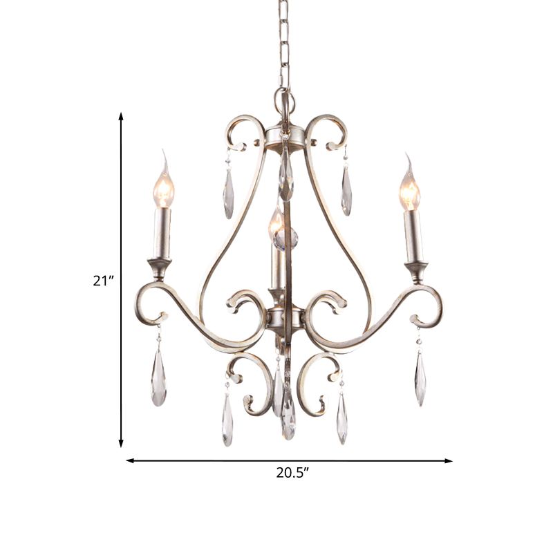 Crystal Teardrop Suspension Light Farmhouse 3 Heads Bedroom Candle Pendant Chandelier in Gold with Scroll Arm