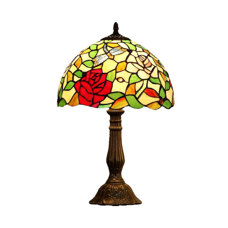 Tiffany Bowl Shade Table Light 1 Lámpara de vidrio de arte hecha a mano de bombilla con patrón de rosa en bronce