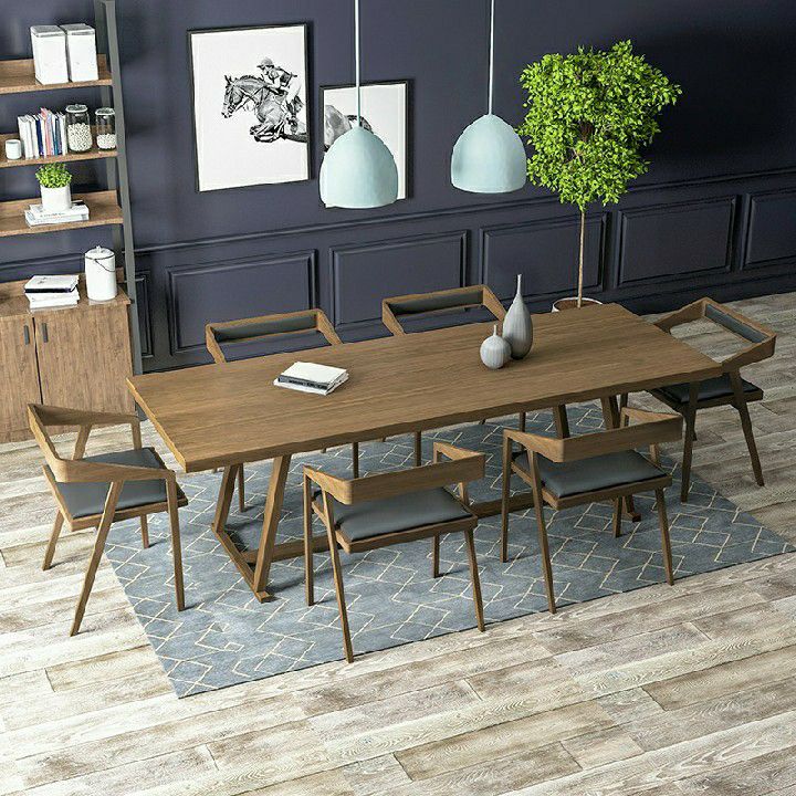 Solid Wood Contemporary Rectangular Dining Table Pine Wood Top Table with Trestle Base