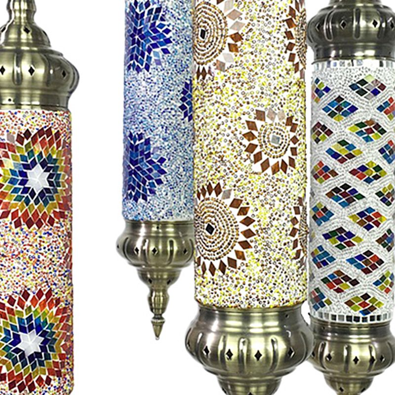 Cylindrical Chandelier Vintage Colorful Glass 4 Bulbs Bronze Pendant Light Fixture for Living Room