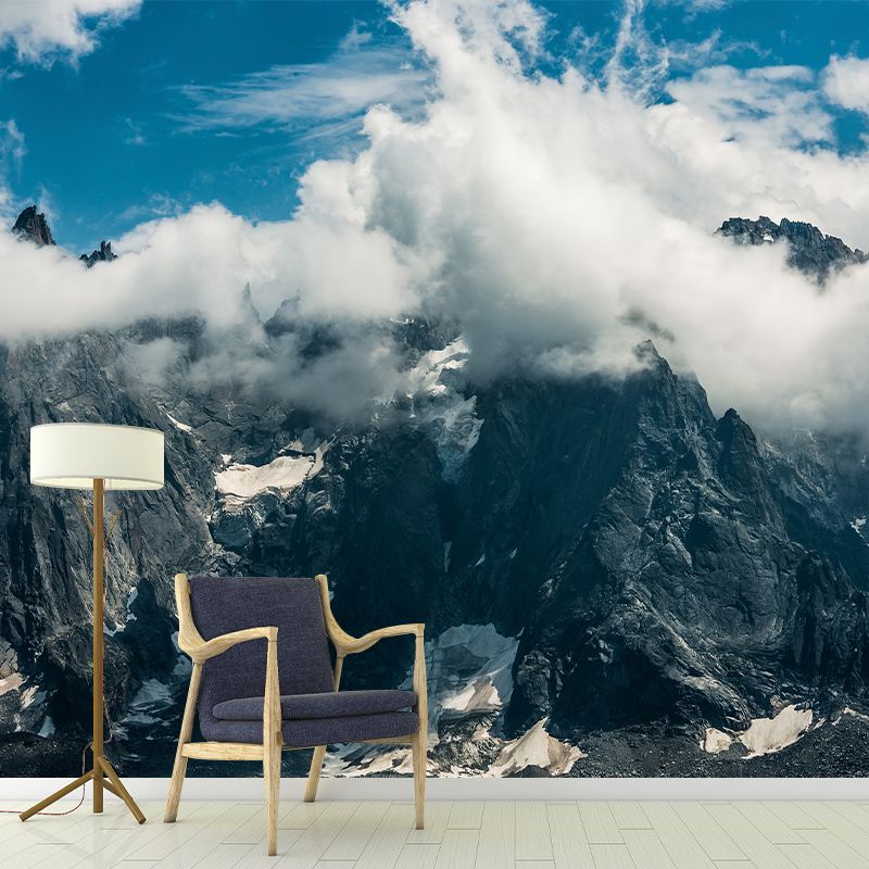 Cool Cloudy Rocky Mountain Murals for Living Room, Grey-White, Custom Size Available