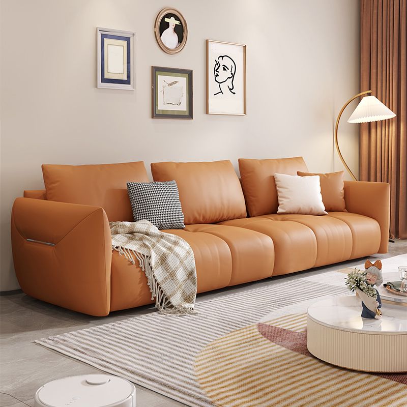 Scandinavian Genuine Leather Orange Pillows Square Arm Living Room Seating