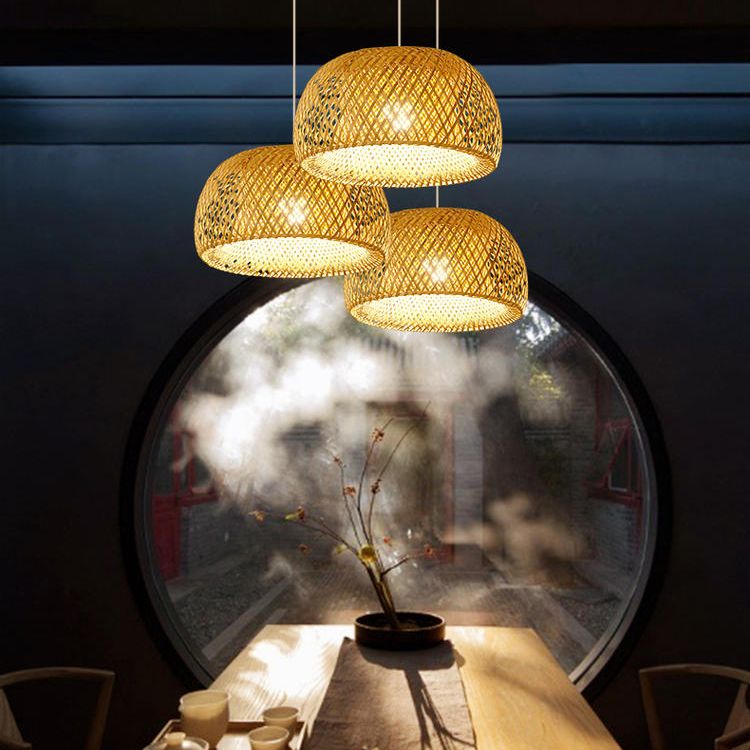 Asia Style Half-Circle Pendant Lighting Fixture Rattan Restaurant Pendant Light Kit in Beige