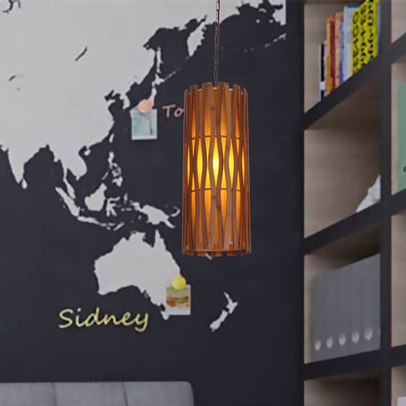 Asian Style Cylinder Ceiling Suspension Lamp Wooden Single Bulb Restaurant Hanging Light in Khaki