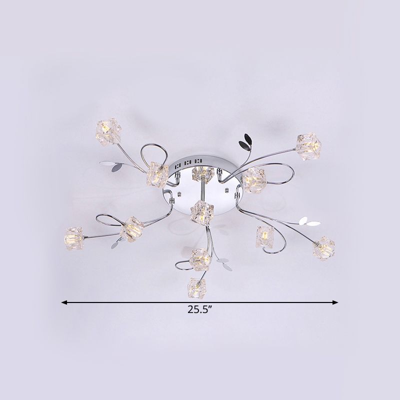 Chrome Cube Semi Flush Mount Modern 11/20-Light Hand-Cut Crystal Ceiling Lamp with Metal Leaf Deco