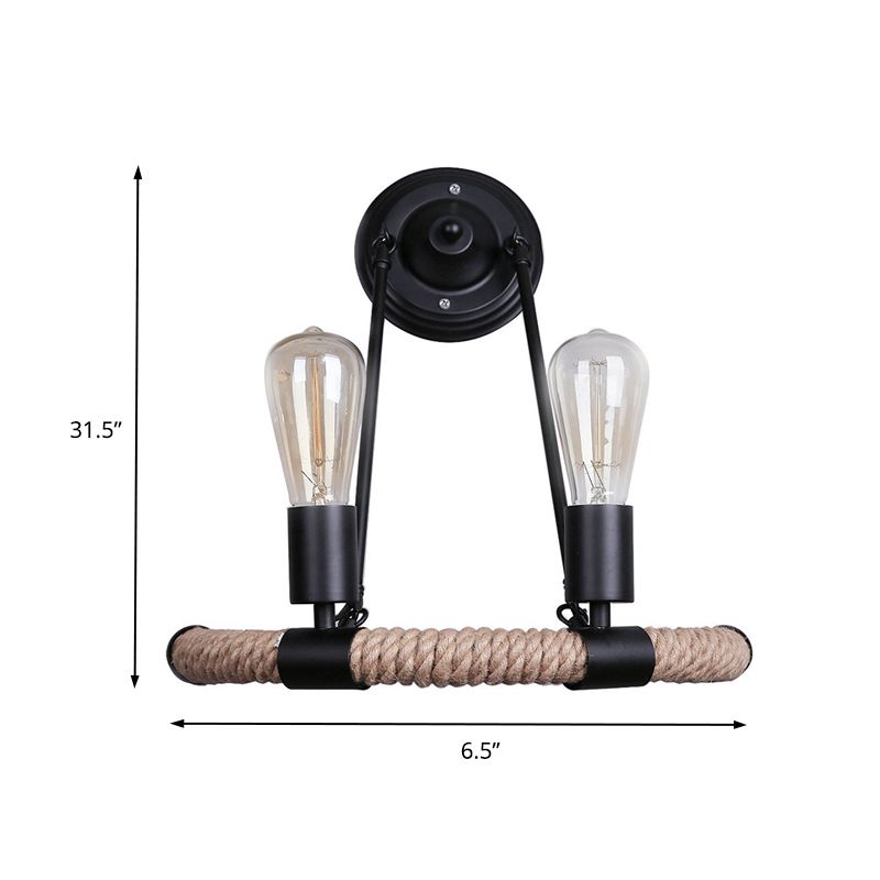 Roped Half-Ring Wall Lighting Vintage Style 2 Lights Living Room Wall Lamp with Bare Bulb in Black