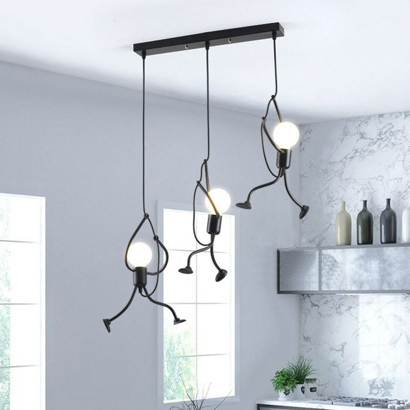 Artistic Stickman Shaped Pendant Lamp Metal 3-Light Dining Room Multiple Hanging Light in Black