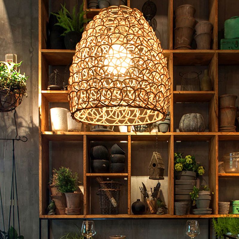 Cesta de bambú/lámpara colgante de trompeta contemporánea 1 cabeza de madera de madera luz colgante para restaurante