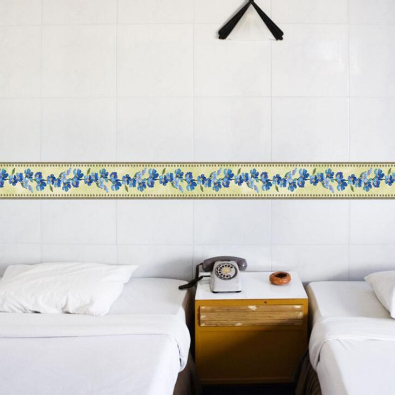 Blue Flower Pattern Wallpaper Borders Self-Adhesive Rustic Washroom Wall Art, 2 Pieces