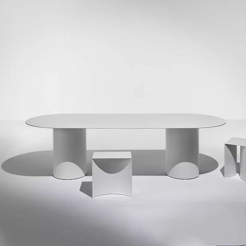 Oval Modern Dining Table Solid Wood Fixed Table with Double Pedestal Base