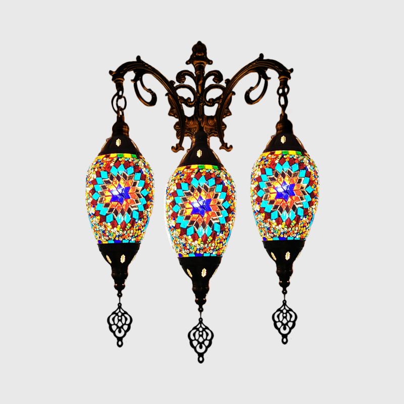 Traditional Oval Wall Mounted Lamp 3 Heads Stained Art Glass Sconce Light in White/Red/Light Blue