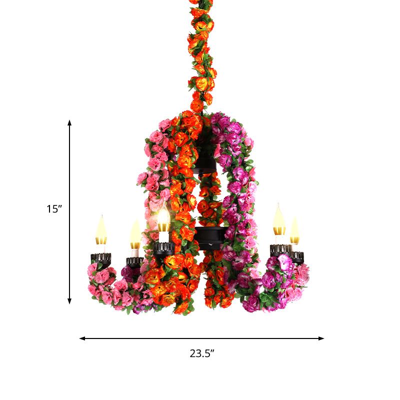 6 Heads Metal Hanging Light Kit Industrial Purple Curved Arm Restaurant Chandelier Lighting with Flower Decoration