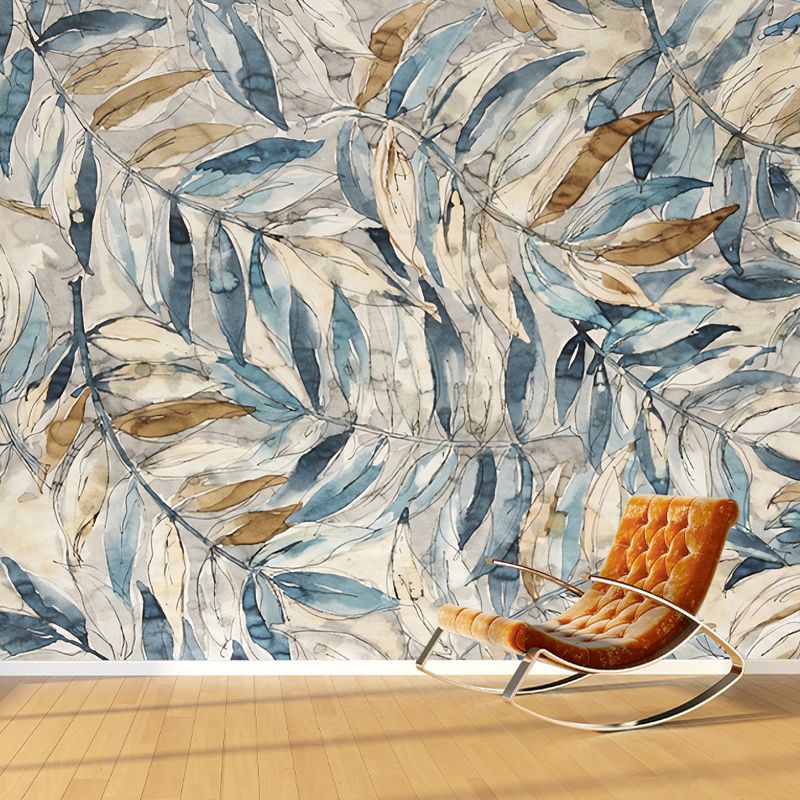 Papier peint mural aquarelles de feuilles pour la décoration de la maison, gris et bleu, sur mesure