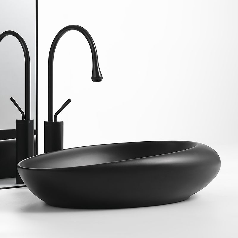Modern Vessel Bathroom Sink Porcelain Oval with Pop-Up Drain and Faucet Wash Stand
