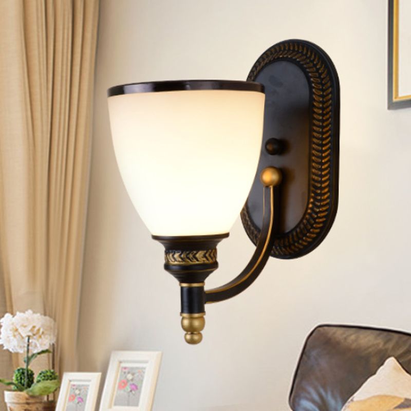 Metal Dome Wall Light Sconce Vintage Style 1/2-Head Living Room Wall Lamp with White Glass in Black