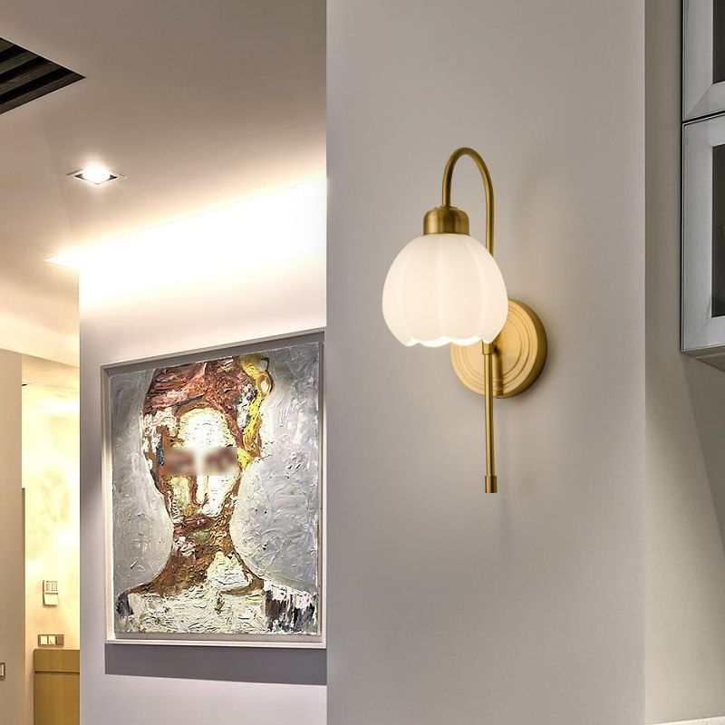 Modern Metal Wall Sconce Bud Shape Wall Light with Glass Shade for Bedroom in Gold