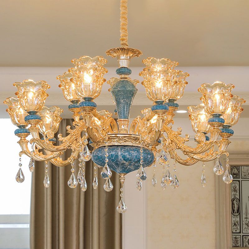 Stroping Arm Wohnzimmer Anhänger Kronleuchter rustikales Metallgold hängende Deckenleuchte mit Blume klar strukturierter Glasschatten