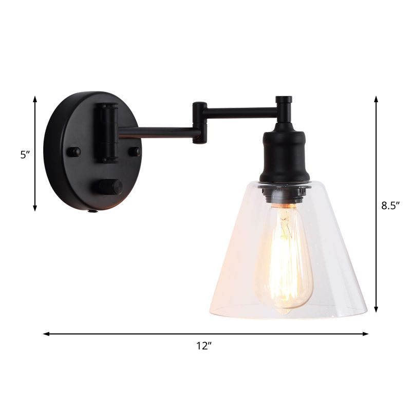 One Bulb Wall Light with Cone Shade Clear Glass Industrial Indoor Sconce Lighting Fixture in Black