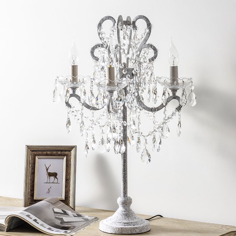 Antique Candle Nightstand Lamp 4 Heads Metallic Table Lighting with Crystal Bead Decor