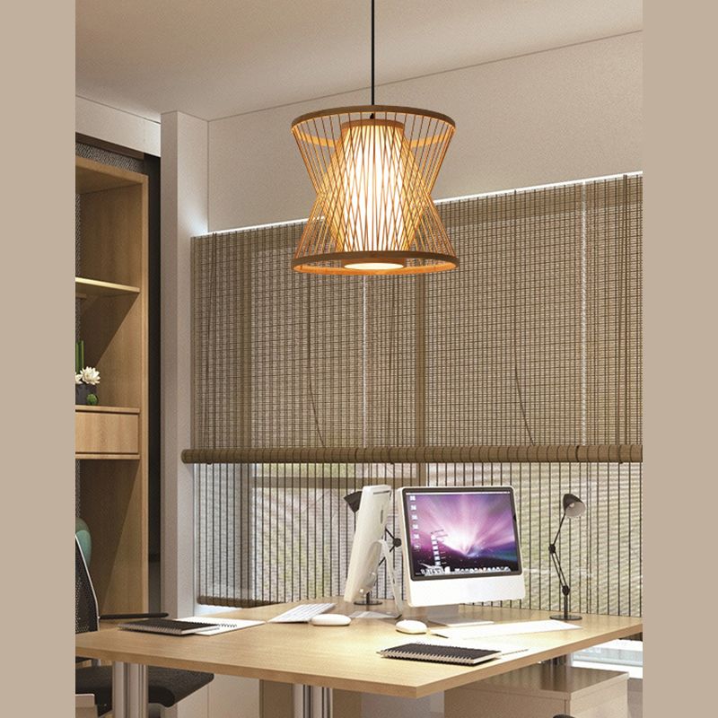 Natural Birdcage Pendant Light 1 Light Japanese Down Lighting for Home-stay