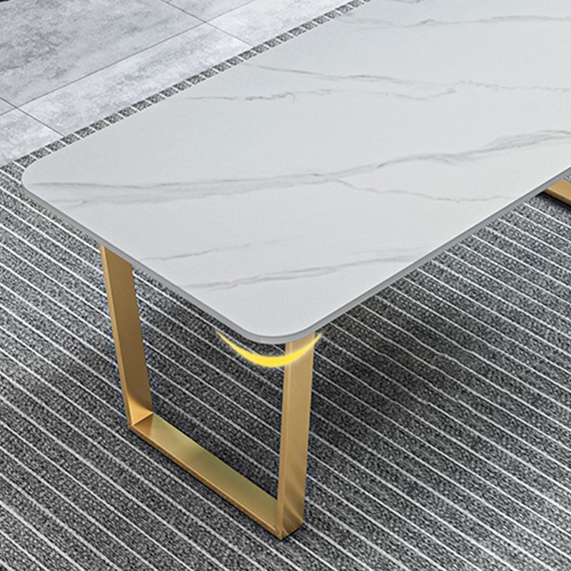 Glam Style Stone Top Table for Restaurant Rectangle Table with Gold Pedestal