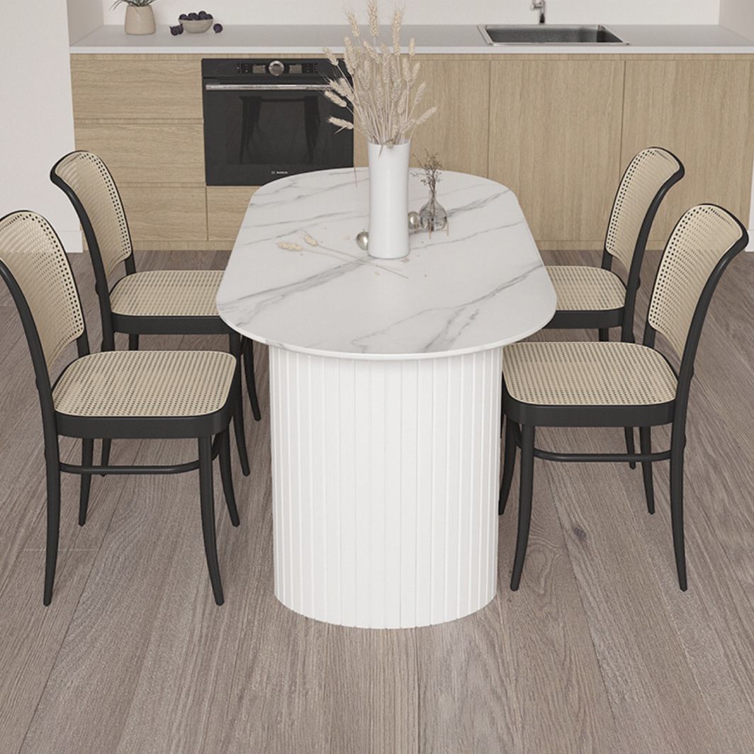 Ovale witte eettafel Gesinterde stenen tafel Eigentijds met dubbel voetstuk