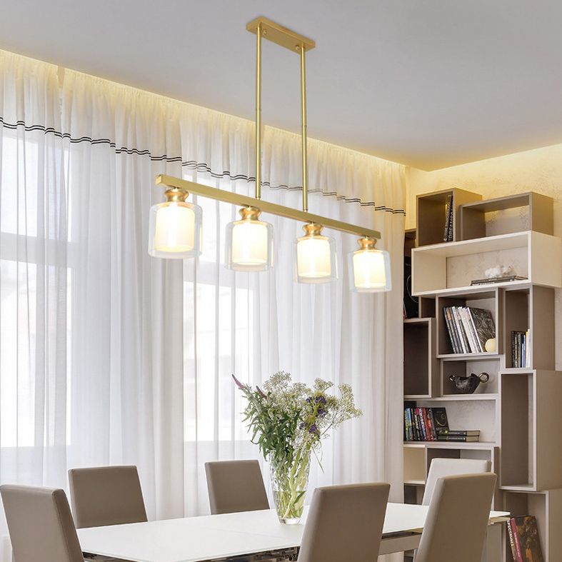 Funzione illuminazione dell'isola cilindrica di vetro moderna lampadario dorato