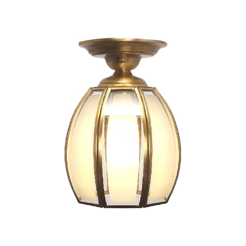 Brass Cup Semi Flush Mount Lamp Traditionary Frosted Glass 1 Bulb Ceiling Mounted Light for Living Room