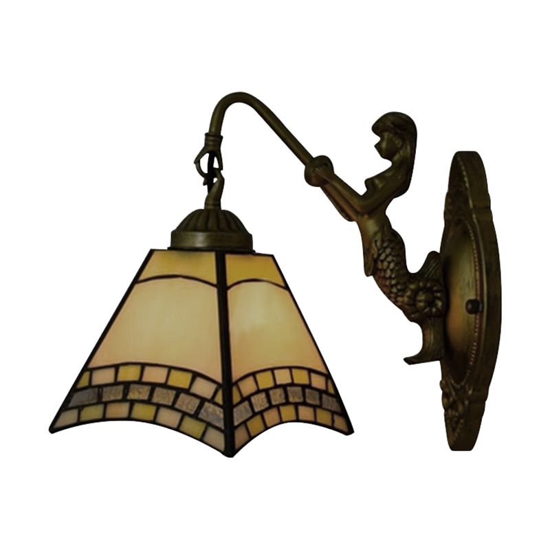 1 Head Wall Light Fixture Tiffany Trapezoid Blue Glass Sconce Lighting with Mermaid Backplate