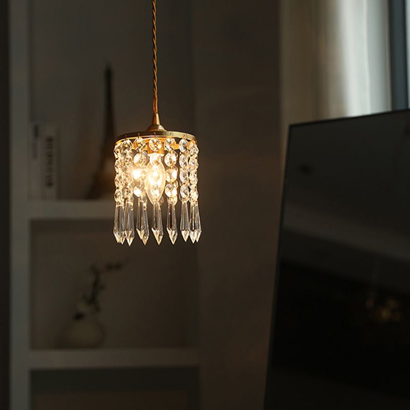 Contemporary Style Cylinder LED Pendant Crystal 1 Light Hanging Lamp in Clear