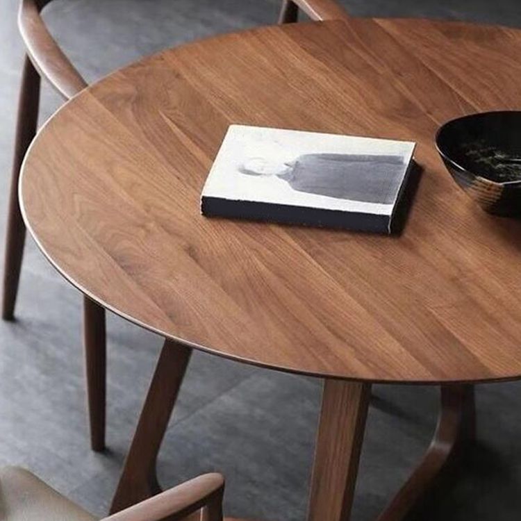 Round Casual Dining Table Brown Tone Fixed Table with Double Pedestal Base