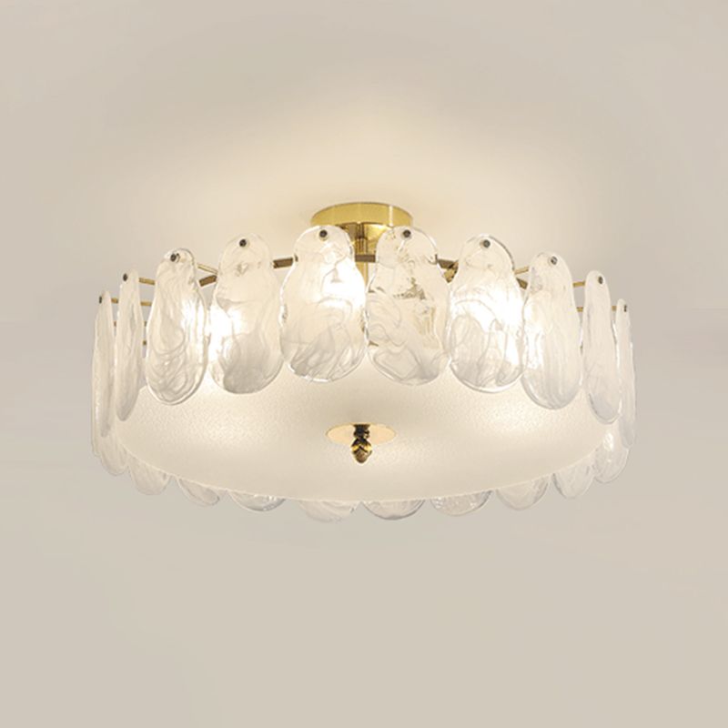 Gold Metal Semi Flush Mount Light Fixture Traditional Drum Bedroom Semi Flush Lamps with Glass Shade