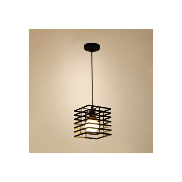 Squared Cage Restaurant Ceiling Pendant Light Retro Style Metal 1 Light Black/White Hanging Lamp