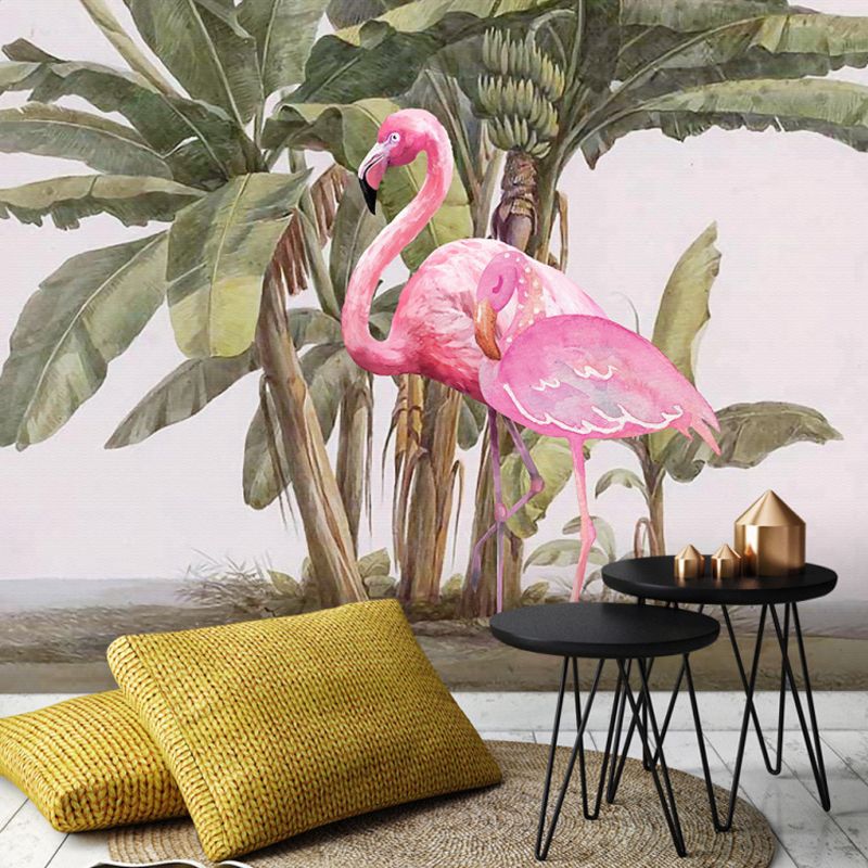 Bird and Flamingo Mural Wallpaper for Girl's Bedroom Decoration, Pink and Green, Made to Measure