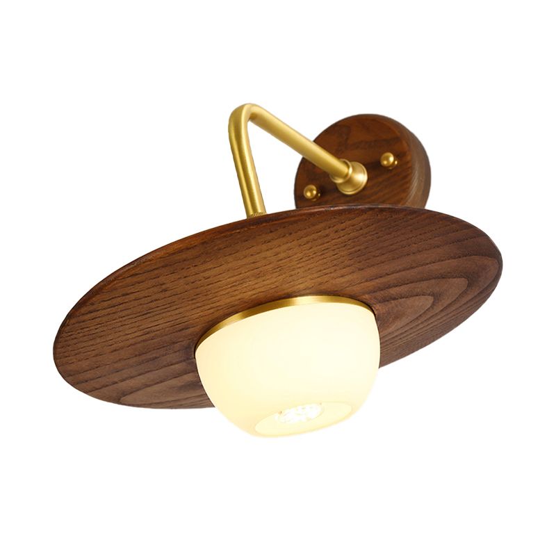 1 Light Bedroom Wall Sconce Asian Brass Wall Light Fixture with Globe Wooden Shade