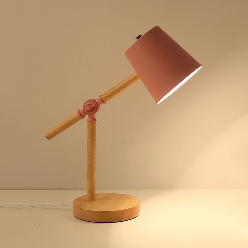 Holzschwung Arm Tischlampe Nordic 1 helles Nachttischlicht mit Fassschatten in Schwarz/Weiß/Rosa