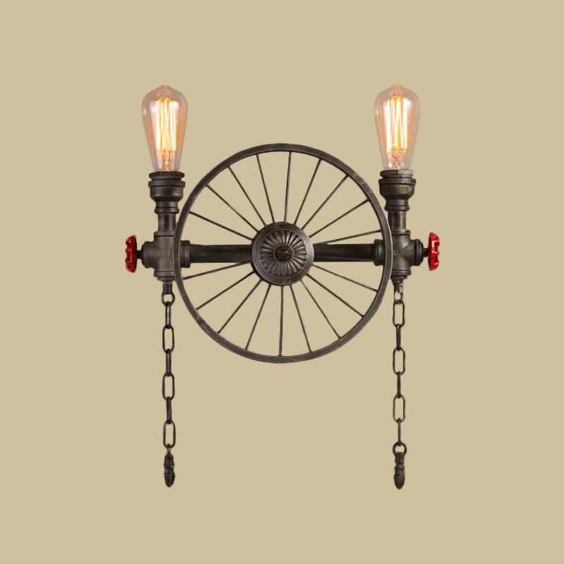 Steampunk Rohrrohr-Radwand 2/4-Kopf-Eisenwandleuchte mit Kette und Ventil in Bronze